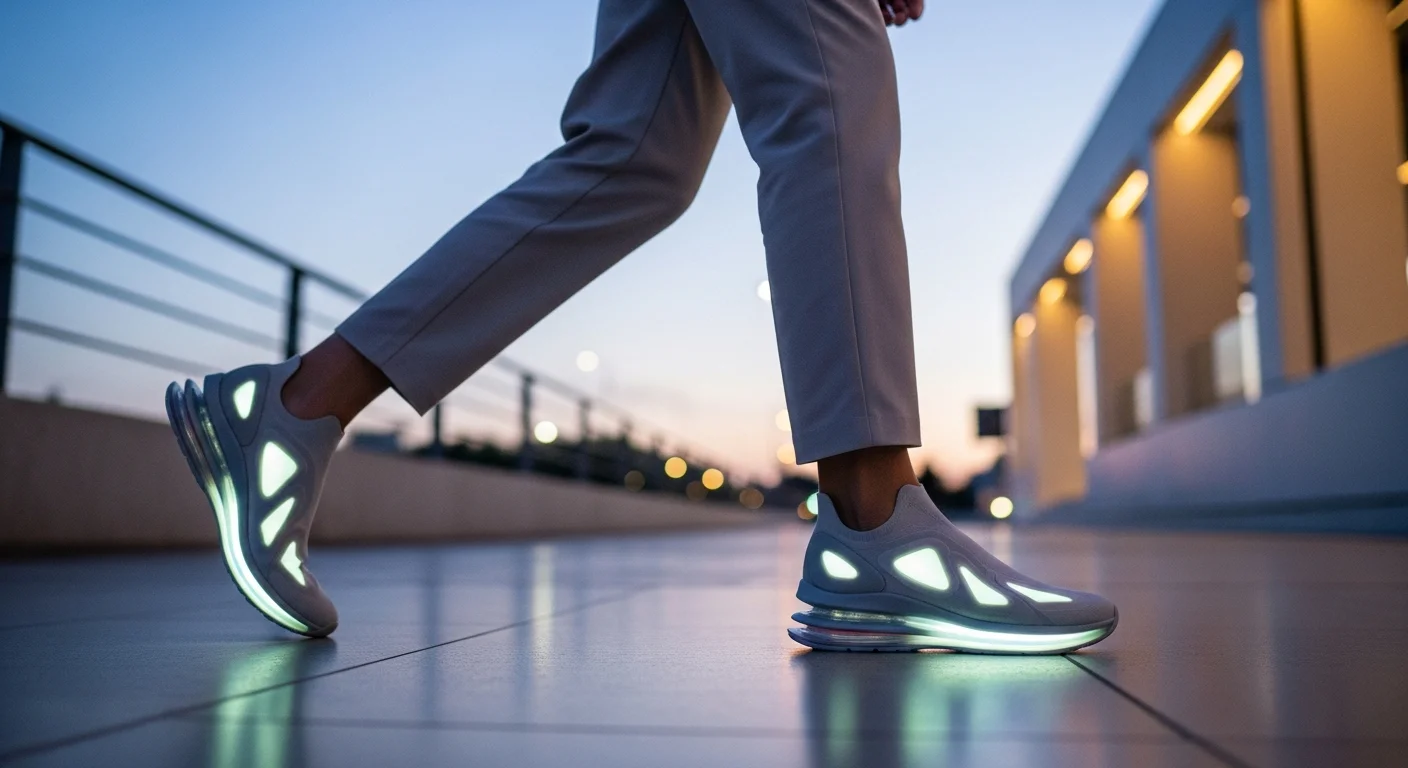 Futuristic fashion model striding urban street at dusk.