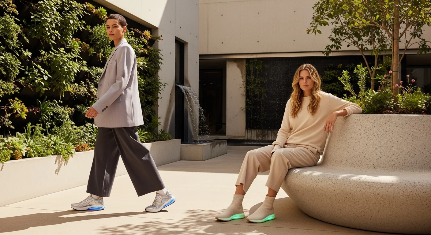 Diverse influencers in sun-drenched urban environment with future shoes.