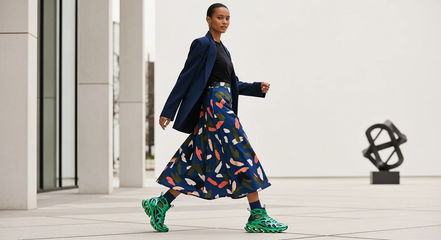 Diverse model, confident, wearing futuristic sneakers, bold design.