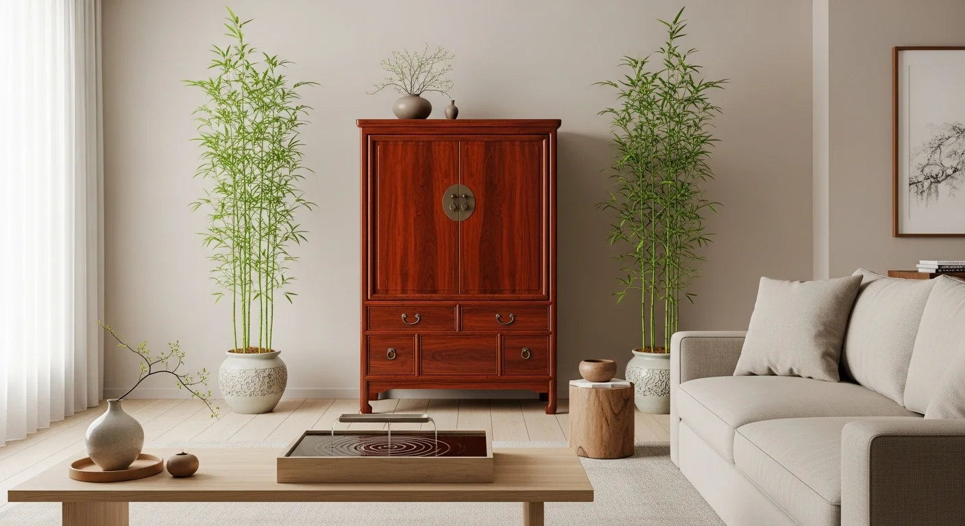 Modern minimalist living room with antique Chinese rosewood cabinet.
