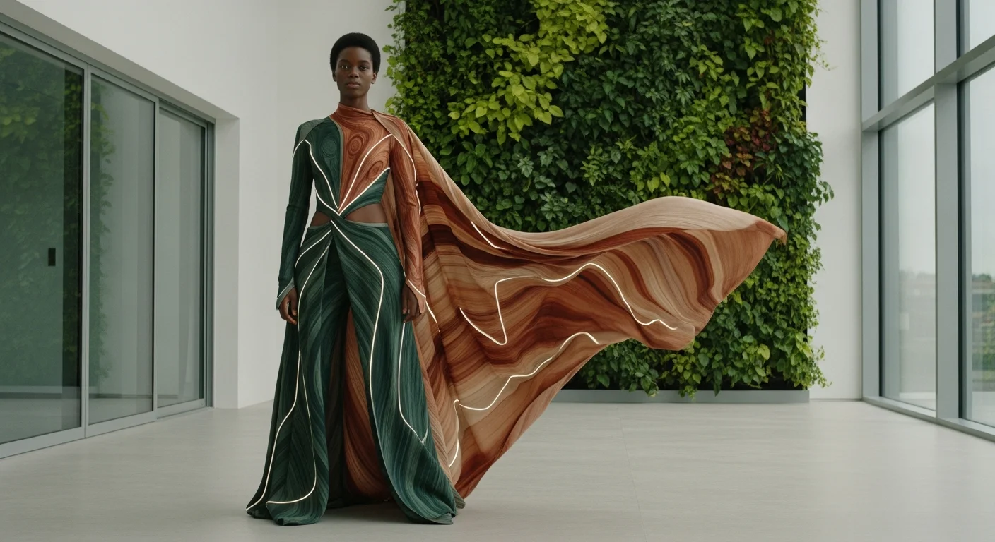Confident diverse model in visionary 2050 avant-garde fashion.