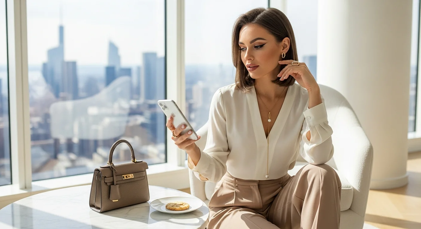 Confident female influencer in chic luxury fashion ensemble.