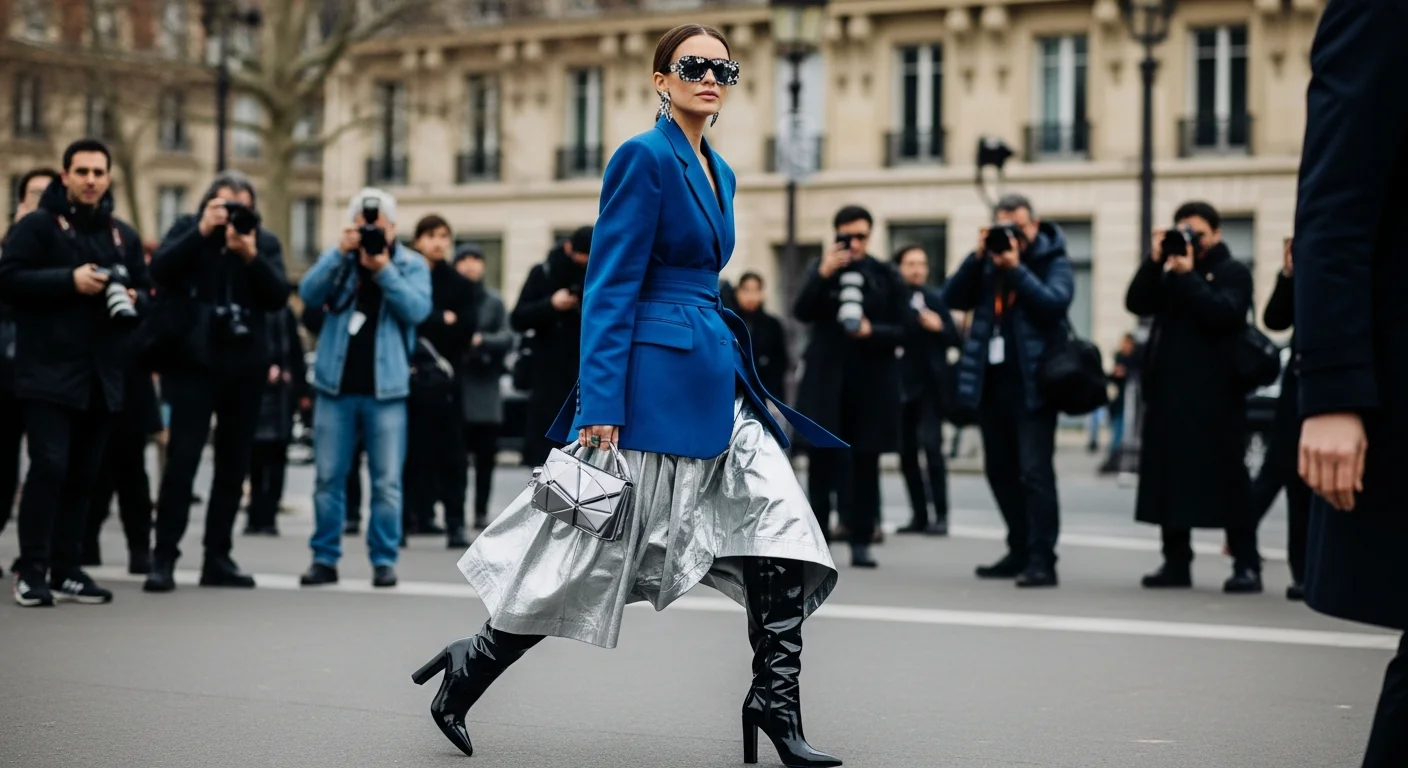Stylish influencer, dynamic pose, Fashion Week street.