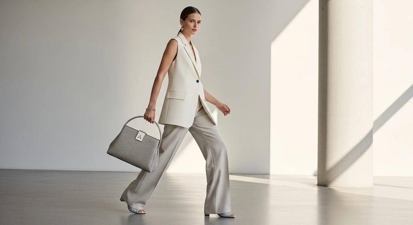 Model showcases futuristic luxury leather bag, 2026 trend.